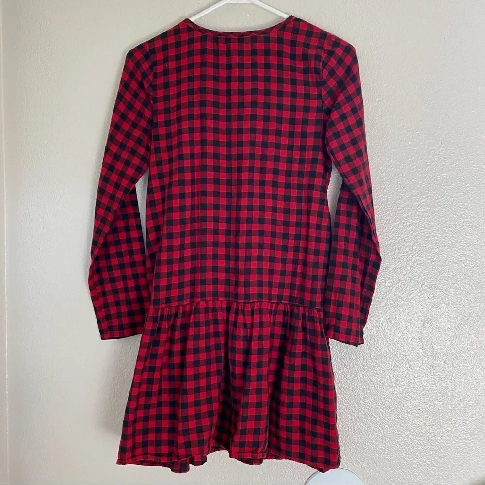 Gap Embroidered red Christmas Plaid button up ruffle shirt Dress girls XL